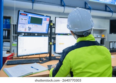 Engineer working at control room,Manager control system,Technician man monitoring program from a lot of monitor
