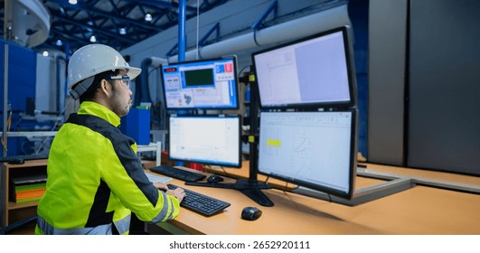 Engineer working at control room,Manager control system,Technician man monitoring program from a lot of monitor