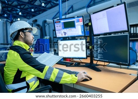 Engineer working at control room,Manager control system,Technician man monitoring program from a lot of monitor