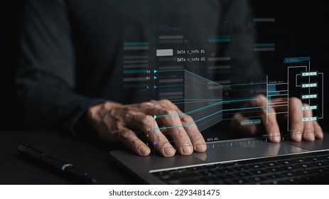 Engineer working with database for digital data design or cyberspace network and connection. Information science system analysis, planning and development. Big data program software management concept