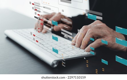 Engineer working with database for digital data design or cyberspace network and connection. Information science system analysis, planning and development. Big data program software management concept