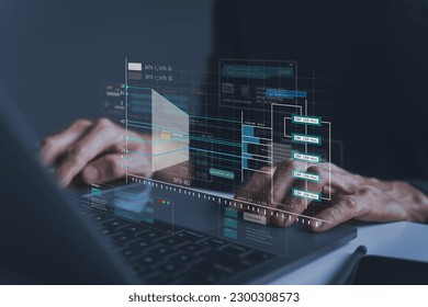 Engineer working with database for digital data design or cyberspace network and connection. Information science system analysis, planning and development. Big data program software management concept - Shutterstock ID 2300308573