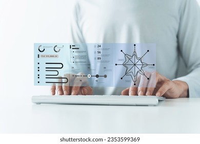 Engineer working with database for digital data design or cyberspace network and connection. Information science system analysis, planning and development. Big data program software management concept