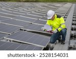 Engineer working at floating solar farm,checking and maintenance with solar batteries near solar panels,supervisor Check the system at the solar power station