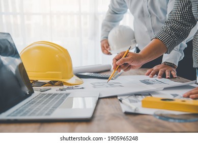 engineer working in office and blueprints  inspection in workplace for architectural plan  construction project  Business construction	