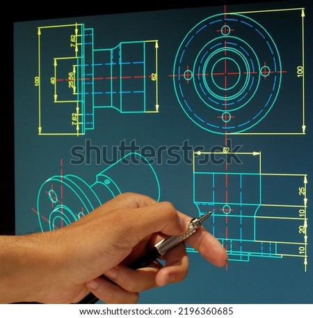 engineer working on computer at mechanical piece cad design 