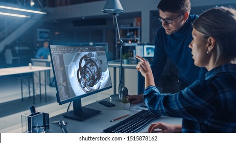 Engineer Working on Desktop Computer, Screen Showing CAD Software with Engine 3D Model, Her Male Project Manager Explains Job Specifics. Industrial Design Engineering Facility Office - Shutterstock ID 1515878162