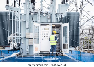 An engineer is working on high voltage power substation performing inspection and check to ensure infrastructure operates safely and efficiently in this industrial environment