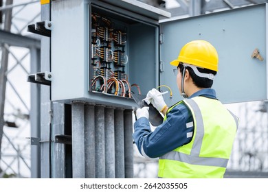 An engineer is working on high voltage power substation performing inspection and check of electrical infrastructure to ensure safety and proper operation