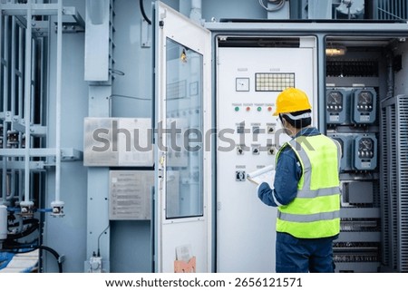 An engineer is working on high voltage power substation performing inspection and check of electrical infrastructure to ensure safety and proper operation