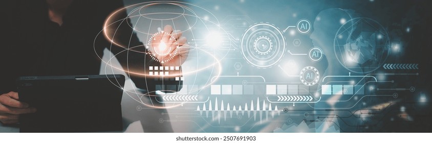 Engineer working on a laptop, utilizing advanced AI technology for data processing. Concept of AI-driven tech control, showcasing cutting-edge innovation in engineering and artificial intelligence. - Powered by Shutterstock