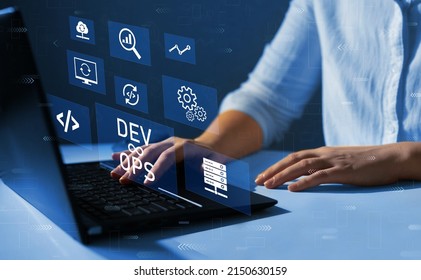  Engineer working on laptop with virtual screen. Agile programming and DevOps concept. IT operations, high software quality and software development.