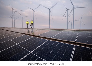 Engineer working on solar cell plant with windmill field.Solar cell smart grid and windmill are ecology energy renewable sunlight alternative green power environment factory concept