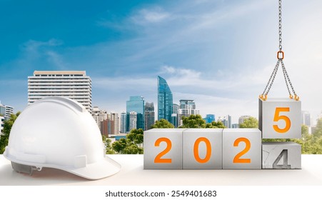 engineer working table and construction-crane are lifting year 2025 in concrete cube replace the passed year 2024. new year party and change new business for modern city and environment friendly.