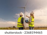 Engineer working with Tablet on hand infographic show power technology alternative eco environment friendly sustainable renewable energy resource industry concept.