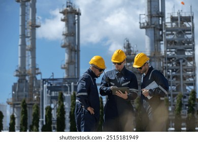 Engineer working using tablet together at station refining oil petrochemical. Technician worker check quality oil industry factory. Inspector standing at zone gas with refinery building background.