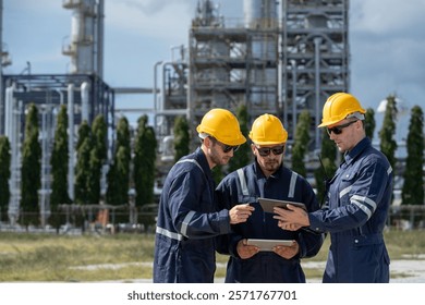 Engineer working using tablet together at station refining oil petrochemical. Technician worker check quality oil industry factory. Inspector standing at zone gas with refinery building background.