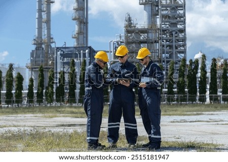 Engineer working using tablet together at station refining oil petrochemical. Technician worker check quality oil industry factory. Inspector standing at zone gas with refinery building background.