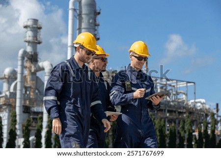 Engineer working using tablet together at station refining oil petrochemical. Technician worker check quality oil industry factory. Inspector standing at zone gas with refinery building background.