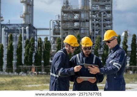 Engineer working using tablet together at station refining oil petrochemical. Technician worker check quality oil industry factory. Inspector standing at zone gas with refinery building background.