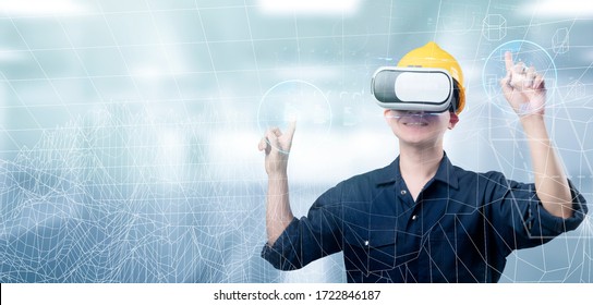 Engineer Working, VR Smart Factory Machine IOT Internet Of Thing Digital Technology Futuristic, Smart Manufacturing Digital Process AI Management Technology App System Automate Robot Control