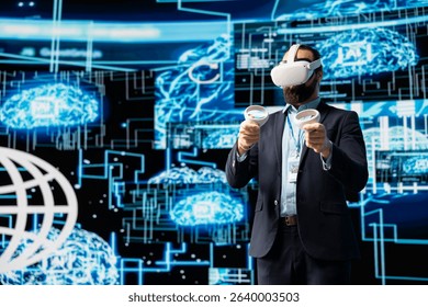 IT engineer works with vr headset and artificial intelligence brain, employs algorithmic programming within a futuristic interface for digital transformation and deep learning. AI ethics.