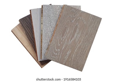 Engineered Hardwood Or Laminate Flooring Swatch Samples In Various Type Of Wood Texture, Isolated On White Background With Clipping Path. Interior Wooden Flooring  Swatch Use For Material Board.