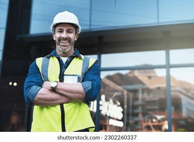 Engineering, arms crossed and architecture with portrait of man in city for planning, designer or industry. Building, project management or infrastructure with male contractor on construction site - Powered by Shutterstock