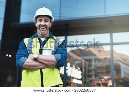 Engineering, arms crossed and architecture with portrait of man in city for planning, designer or industry. Building, project management or infrastructure with male contractor on construction site