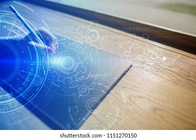 Engineering background with gears draft on virtual screen. Business innovation and modern technology concept.