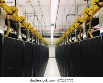 The engineering cable wire way and server racks in the secure data center