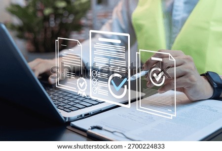 Engineering certificate and quality control concept, professional reviewing certified documents for compliance, process validation, and assurance of technical and industrial standards.