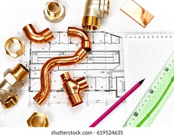 Engineering Concept Project of heating for house. thermostatic valve, copper fitting, heating valve project heating