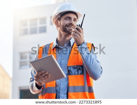 Engineering, construction worker or man for project management, planning and communication on tablet and walkie talkie. Architecture, contractor or builder person with 5g technology at industrial job