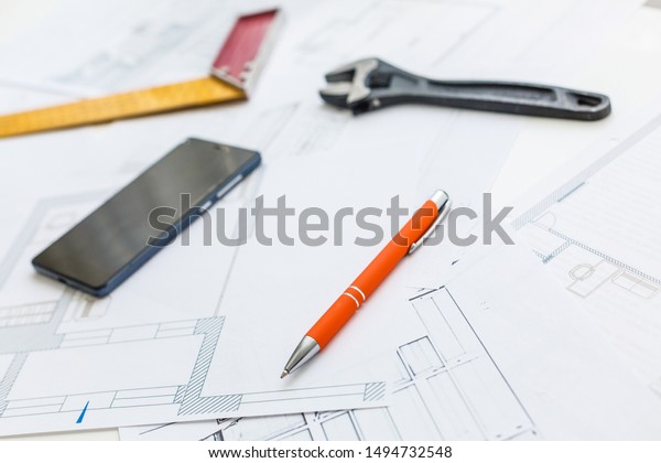 engineering diagram\
blueprint paper drafting project sketch architectural,selective\
focus