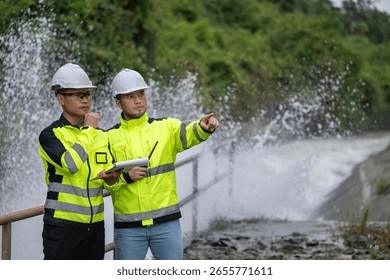 A engineering doing his checking routine. He is wearing hard hat and engineer uniform.Standing by the rail by the dam.Monitor water levels from the heavy rain that has been falling for several days.
