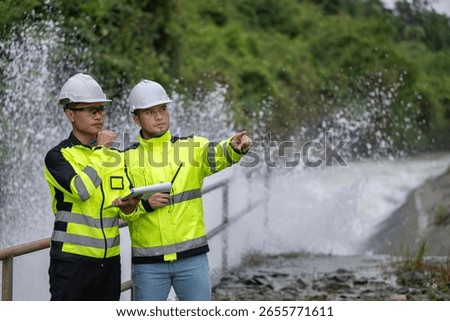 A engineering doing his checking routine. He is wearing hard hat and engineer uniform.Standing by the rail by the dam.Monitor water levels from the heavy rain that has been falling for several days.