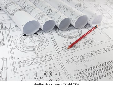 Engineering Drawings On The Table. The Workflow Design.