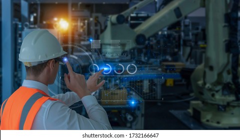 Engineering experts use virtual reality glasses and future technology in the intelligent automation industry using artificial intelligence, machine learning, digital pairing, 5g, big data, iot, mixed 