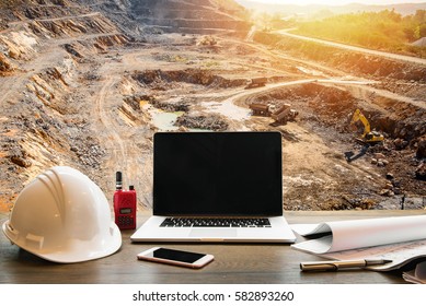 Engineering Industry Concept, Workspace Of Engineer On Opencast Mining Quarry With Lots Of Machinery At Work This Area Has Been Mined For Copper, Silver, Gold, And Other Minerals Background