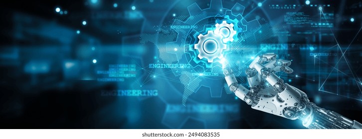 Engineering and innovation, hands of robot touch advanced technology and engineering icon, optimizing data on network, automation, efficiency, research, development, structures and systems integrate. - Powered by Shutterstock