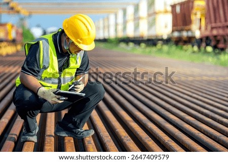 Engineering Inspection: Asian Engineer Inspecting Railroad Machinery in Industrial Area Engineer Crouching at Train Tracks Construction Project: Technician in Protective Gear Inspecting Iron Rail.