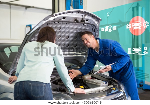 Engineering interface against mechanic showing\
customer the problem with\
car