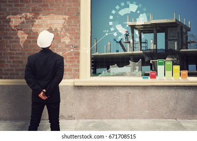Engineering looking to the construction building through the brick wall