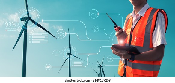 Engineering Man Inspecting Wind Turbine Farm Plantation Factory With Tablet Check Up Of Performance, Eco Environmentally Sustainable Energy Power Resources For Planet And Homes, Graphical Banner