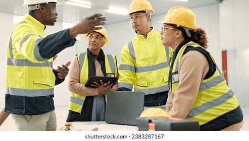 Engineering manager, teamwork and planning for warehouse development, construction site or building design on laptop. Industry people and leader talking of progress, safety and architecture workflow - Powered by Shutterstock