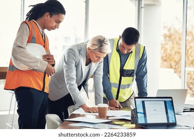 Engineering, meeting and blueprint with people in office for construction, designer or building. Collaboration, review and teamwork with group in architecture firm for project management and goal - Powered by Shutterstock