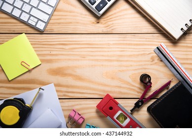 Engineering Objects On Wooden Table. Top View

