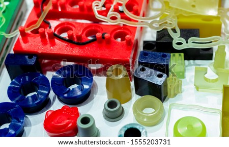 Engineering plastics. Plastic material used in manufacturing industry. Global engineering plastic market concept. Polyurethane and abs plastic parts materials. Plastic injection machine products. 