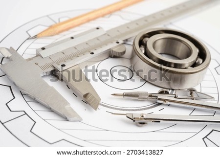Engineering and precision tools with metal ball bering, mechanical industrial.